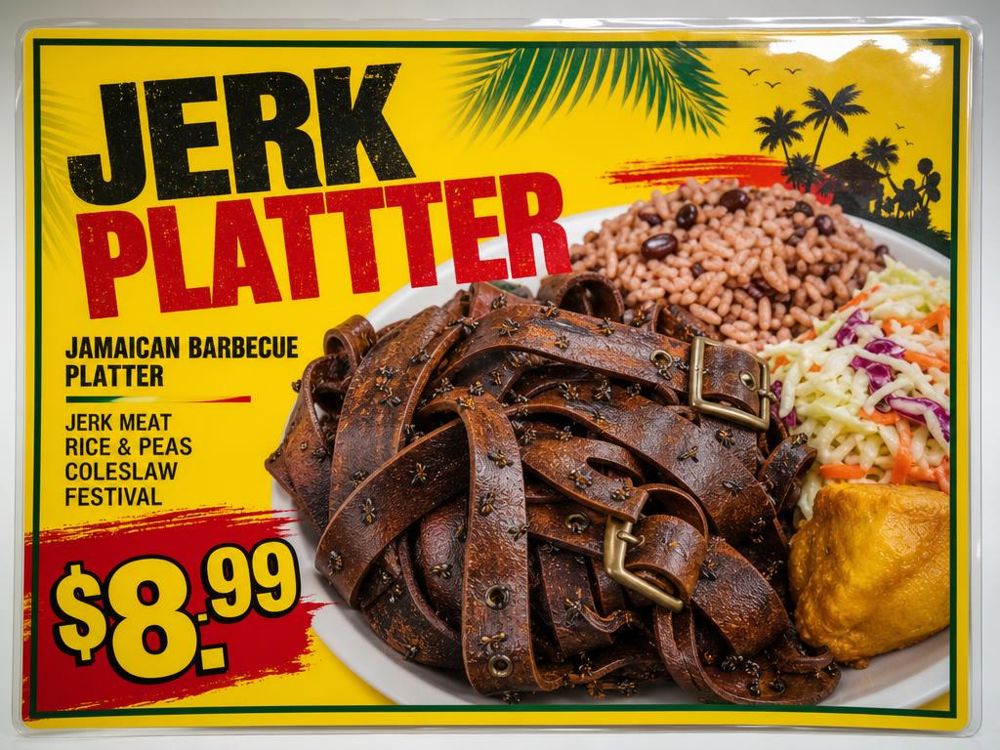 Reenactment: an AI menu card of a barbecue plate whose meat looks like leather belts