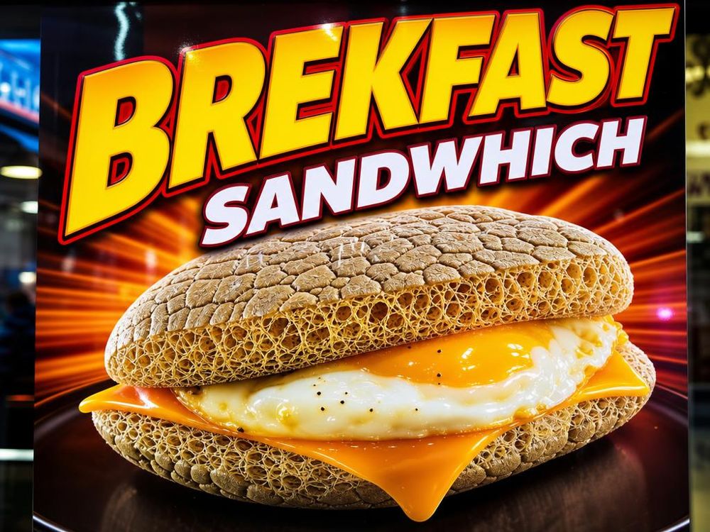 Reenactment: an AI menu card of a sandwich whose bread has the texture of a loofah