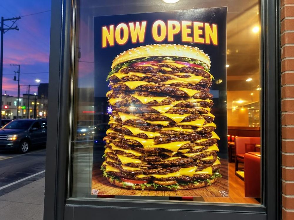 Reenactment: a restaurant window with an impossible AI burger poster