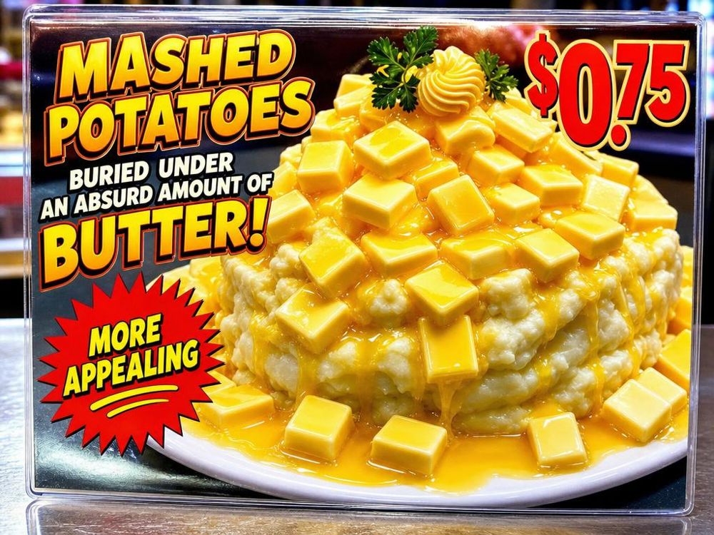 Reenactment: an AI menu card of mashed potatoes buried under butter