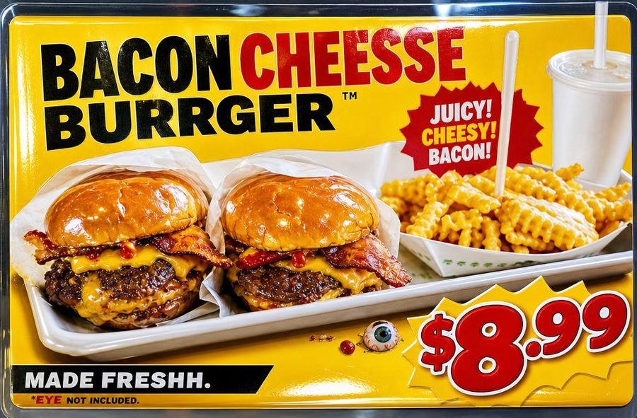 Menu card of a bacon cheeseburger with a second identical burger and an eyeball on the tray
