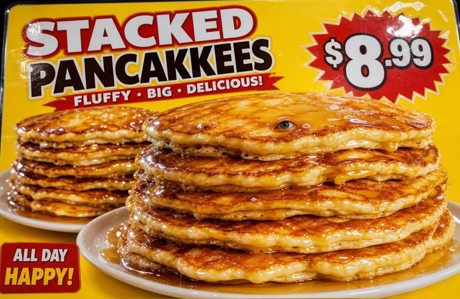 Menu card of a stack of pancakes with an eye on the top pancake