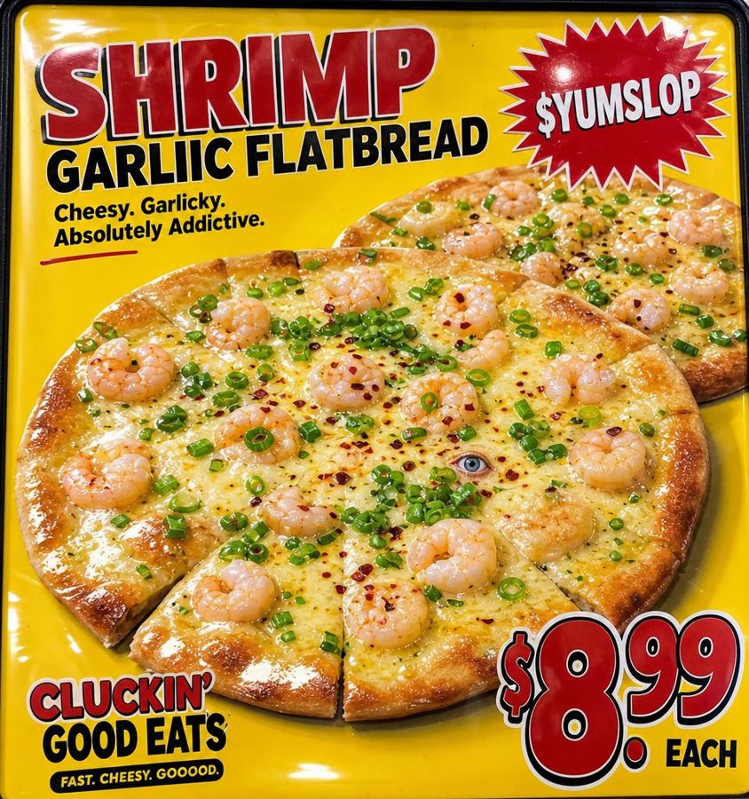 Menu card of a shrimp flatbread with a $YUMSLOP starburst sticker