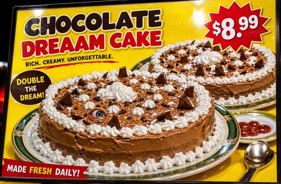 Menu card of a chocolate cake with an eye in the frosting